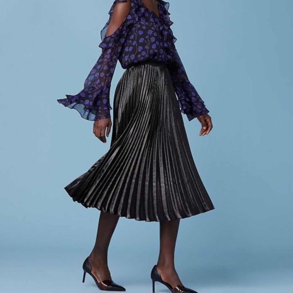 DVF Heavyn Pleated Metallic Crepe Shimmer Cocktail Shimmer Midi Black Skirt 6